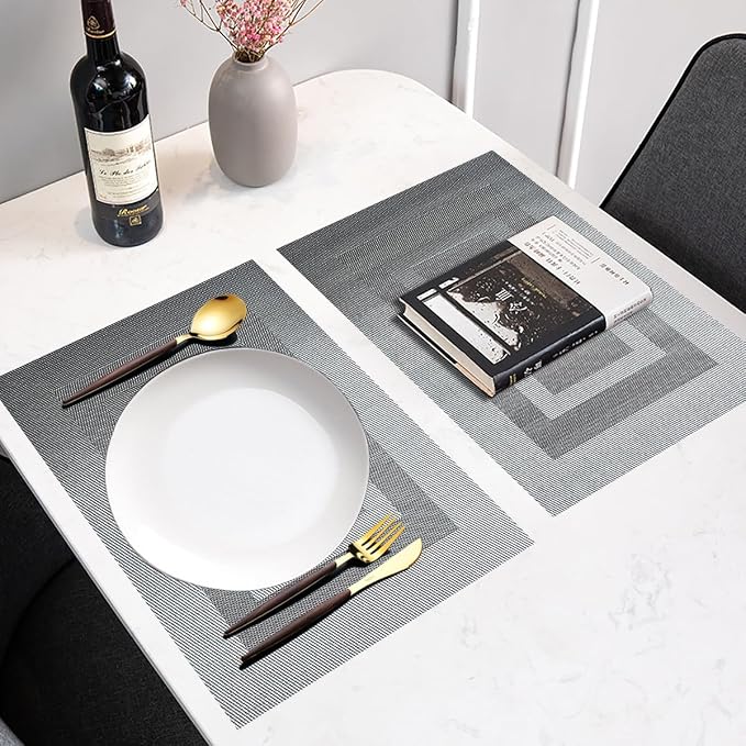 PIGCHCY Placemats Set of 6,Washable Woven Place Mats Vinyl Table Mats Non Slip Placemats Heat Resistant Durable Placemats for Dining Table (Silver Black)