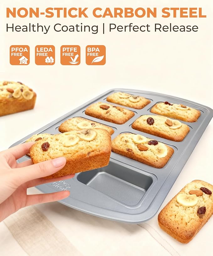 Bake Choice Mini Loaf Pan, 8-Cavity Non-Stick Carbon Steel Baking Pans Set | Baking Pan for Banana Bread, Cornbread, Cheesecake, Muffins, Pound Cake, Small Meatloaf, Bread Pan