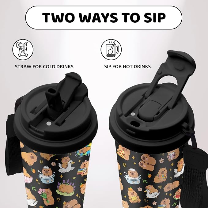 Capybara Water Bottle Stainless Steel 2-in-1 Lid Coffee Tumbler 18 oz Cute Capybara Print Insulated Travel Coffee Mug Capybaras Gifts for Women Girls Birthday Christmas