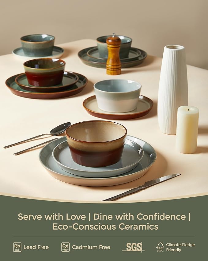 Dinnerware Sets, Microwave Safe Plates and Bowls Sets, Dishes Set for 8, Chip & Scratch Resistant Dinner Set, Handcrafted Farmhouse Dishware Sets, Green Wheat