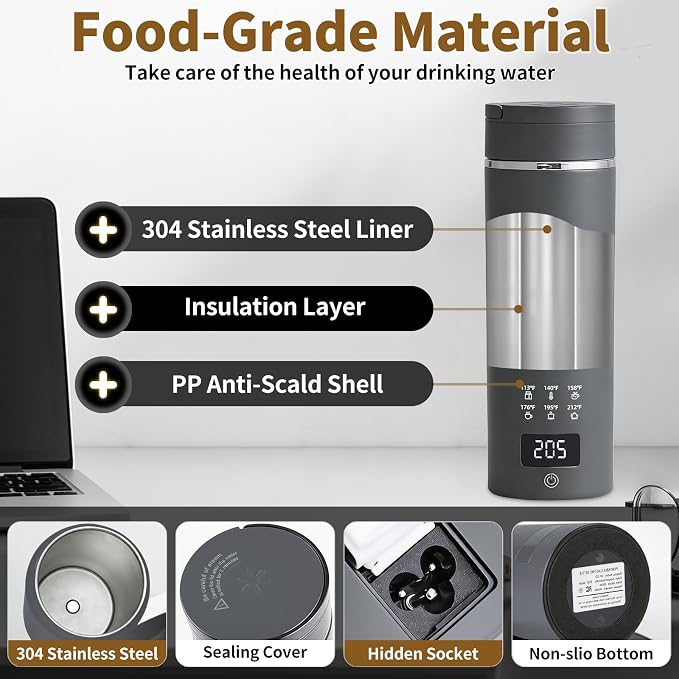 Travel Electric Kettle, LCD Display with 6 Temperature Settings, 304 Stainless Steel, 450ml/15.2oz, Auto Shut-Off and Boil-Dry Protection, Compact Portable Electric Kettle, Gray