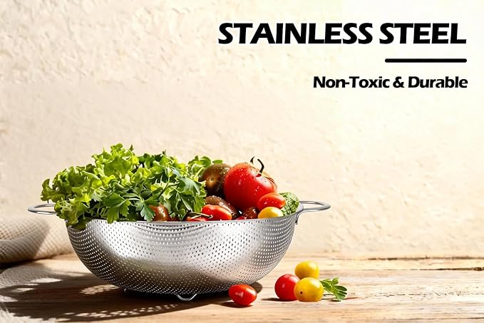 Leonyo Stainless Steel Colanders and Strainer Set, 3 Pack(1-3-5Quart) | Non-Toxic Metal Strainers and Colanders, Micro-Perforated Colander for Kitchen Draining Rinsing Steaming,Dishwasher Safe