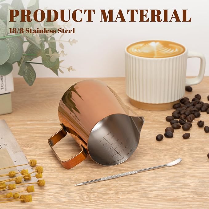 Amrules Milk Frothing Pitcher, 12 oz Milk Frother Cup with Clear Scale, 304 Stainless Steel Cappuccino Espresso Machine Accessories for Barista Coffee Bar with Latte Art Pen, Rose Gold
