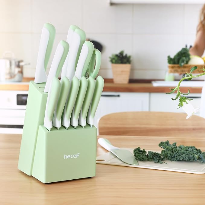 hecef 15 Pieces Green Kitchen Knife Set, Built-in Sharpening Wooden Block | Dishwasher Safe, High Carbon Stainless Steel, Includes Steak Knives & Kitchen Scissors