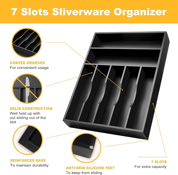 Kitchen Bamboo Silverware Organizer, Kitchen Drawer Organizer - Utensil Holder and Cutlery Tray with Grooved Drawer Dividers for Flatware 7 Slot, Black