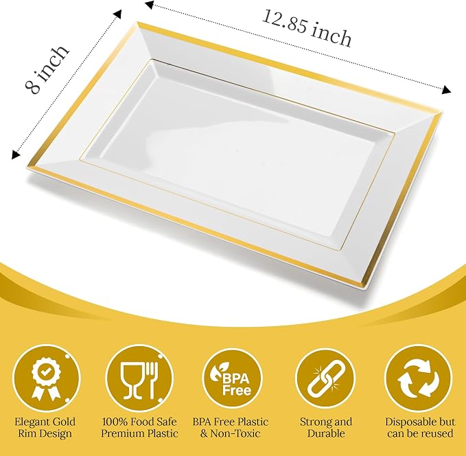 Mint Living-Elegant Plastic Serving Tray & Platter Set (3pk)-White & Gold Rim Disposable Serving Trays & Platters for Food - Weddings, Parties, Dessert Table, Cupcakes - 8x13 inches (White + Gold)