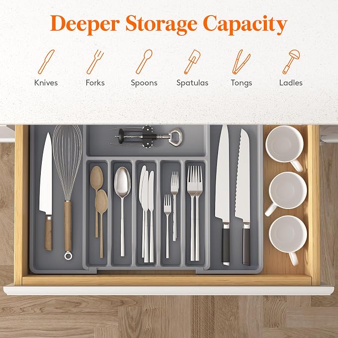 Lifewit Silverware Drawer Organizer, Expandable Utensil Tray for Kitchen, BPA Free Flatware and Cutlery Holder, Adjustable Plastic Storage for Spoons Forks Knives, 33 -57 x 42cm, Gray
