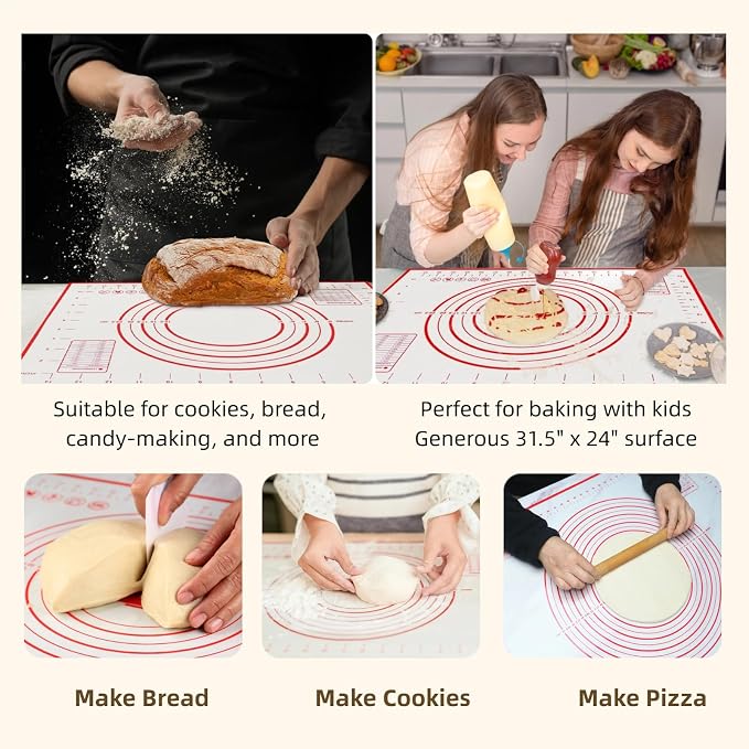 Extra Large Silicone Baking Mat for Rolling Dough (24" x 16") - Non-Stick Pastry Mat with Measurements - Heat Resistant & Non-Slip Kitchen Counter Protector for Fondant, Pie Crust & Pizza