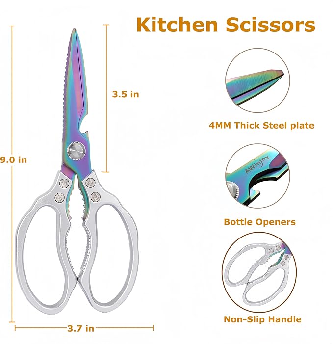 AWinjoy Heavy Duty Sharp Kitchen Scissors, Dishwasher Safe, Cooking Shears for Meat, Chicken, Fish, Poultry, Herb, Bread (Silver Color)
