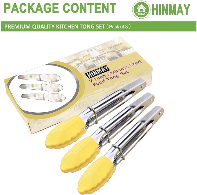 HINMAY 7-Inch Mini Tongs with Silicone Tips, Set of 3 (Yellow) | 7-Inch Small Serving Tongs