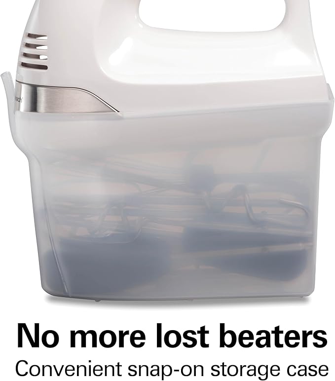 Hamilton Beach 6-Speed Electric Hand Mixer With Easy Clean Beaters | Traditional Beaters | Dough Hooks | Whisk | Snap-On Storage Case | 275 Watt Motor | White | 62636J