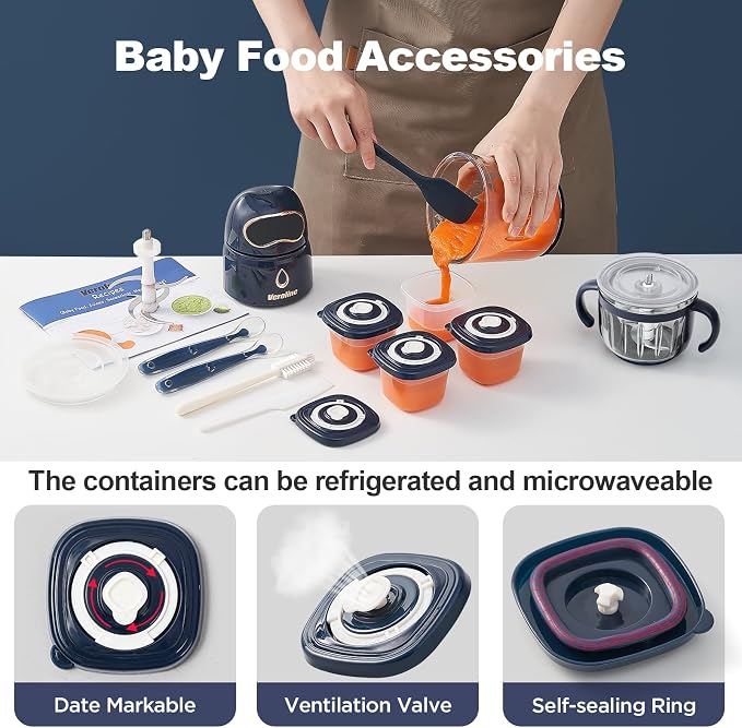 Baby Food Maker, Puree Blender Set with 600ml & 300ml Glass Bowls | Makes Smooth Baby Puree from Fruit, Meat & Vegetables, Includes Matching Baby Food Storage Containers, Baby Essentials