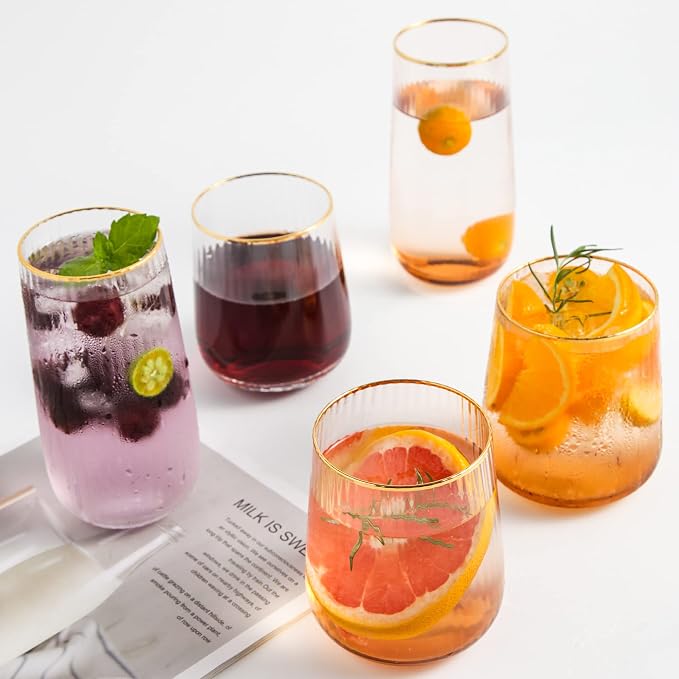 Lysenn Stemless Wine Glasses Set of 4, for Red & White Wine, Gold Rim, 15oz | Hand Blown, Premium Quality, for Dinner Table, Celebration, Holiday Entertaining, Bar Carts and Home Bars, Ideal Wedding Gift