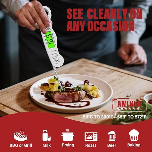 AWLKIM Meat Thermometer Digital, Instant Read Food Thermometer, White | Waterproof cooking thermometer with doneness chart, backlight, F/C switch for BBQ, candy, oil