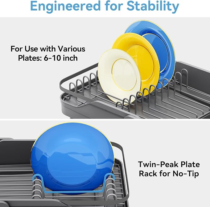 Urackify Expandable Dish Drying Rack for Kitchen Counter,16.2-23.7in,Grey | Adjustable Capacity, Self-Draining Drainboard, Heavy-Duty Steel Frame, Stable Plate Rack, Fits Most Sinks