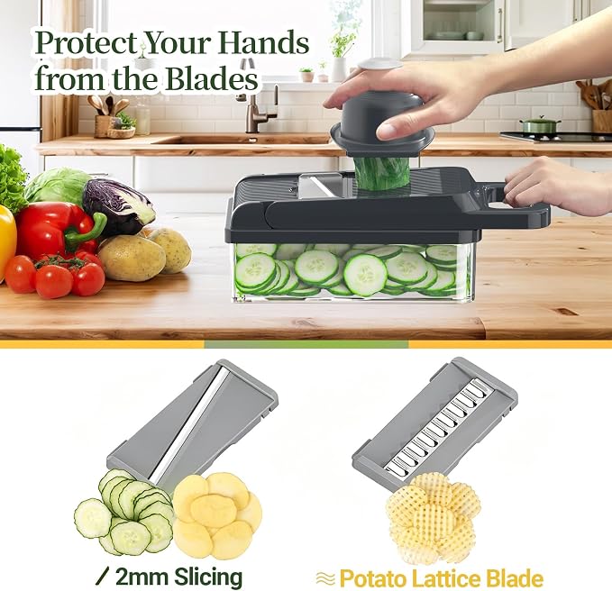 12-in-1 Vegetable Chopper 7 Blades, Veggie Cutter with Handle, Grey | Stainless Steel Blades, Food Container and Lid, Dicer, Slicer, Julienne, Egg Separator, Non-slip Base, Include Cleaning Tools