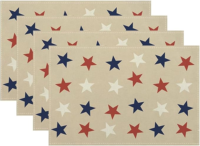 4th of July Placemats Set of 4, Independence Day Blue Red White Stars Patriotic Decorative Table Mat 12 x 18 Inch Heat Resistant Non Slip Line Fabric Place mat for Holiday Party Kitchen Dining