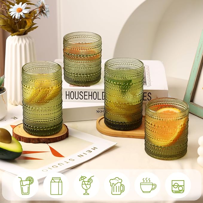 Moretoes Vintage Hobnail Drinking Glasses Set of 12,Green Water Glass Cups | Mixed Glassware Set, 6pcs 12oz Highballs and 6pcs 10oz Old Fashioned Glasses, Great for Cocktail, Whisky and Other Beverages