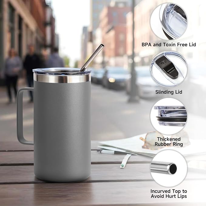 Volhoply 22oz Insulated Stainless Steel Coffee Mugs with Leakproof Lid Bulk 2 Pack,Double Wall Vacuum Travel Coffee Cup with Handle,Reusable Metal Tumbler,Camping Mug Keep Hot&Cold(Gray,2)