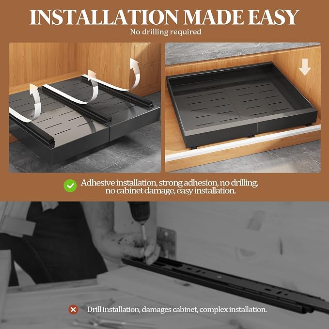 Seinloes 4 Pack Expandable Pull Out Cabinet Organizer 21"Deep With Raising Pad for Framed Cabinets,Upgrade 3 Slide Rails Slide Out Drawers,No Drill Roll Out Shelves,Adjustable Width 15.1"-26.3" Black