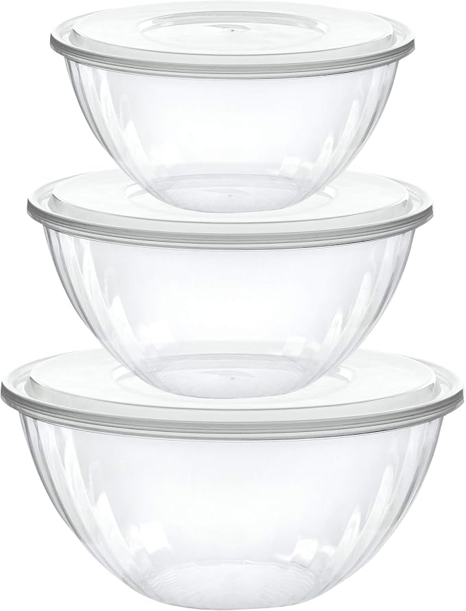 PLASTICPRO Disposable Combo Set of Salad Bowl With Lids Includes 2, 48 Ounce 2, 96 oz 2, 150 Ounce Round Crystal Clear Plastic Serving Bowl