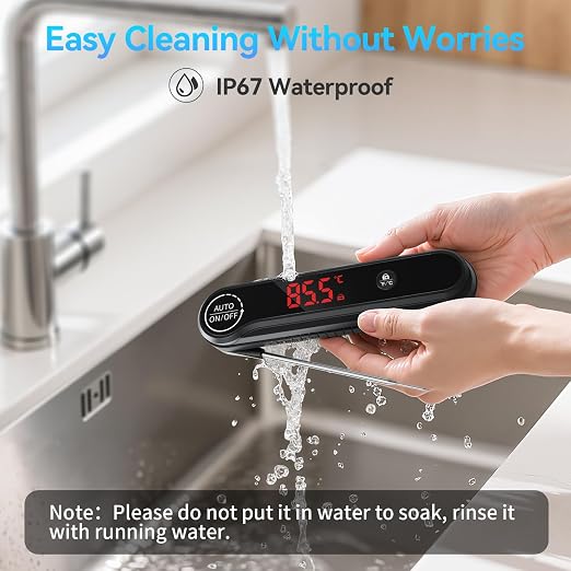 0.3s Instant Read Meat Thermometer, IP67 Waterproof (Black) | Rotating Display, Calibration Function, Ideal for Grill, BBQ, Frying and Kitchen Cooking
