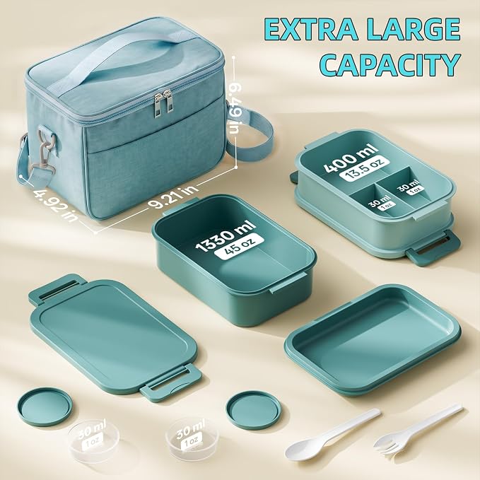 Bento Box Adult Lunch Box - 2130ml Lunchbox for Men Women with Insulated Lunch Bag, Utensils & Sauce Container, Leak Proof Bento Box Reusable Plastic Lunch Containers for Work, Meal Prep, Green