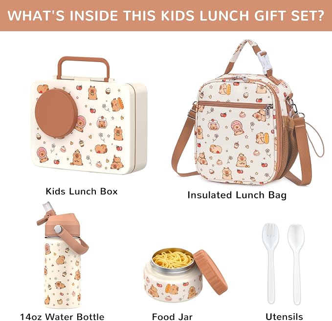 Bento Lunch Box for Kids Adult, Leakproof 3-4 Compartment Bento Box Set with Insulated Food Jar,Water Bottle, Lunch Bag, School Lunch Container for Toddler Teen Girls Boys Ages 3+(Brown)
