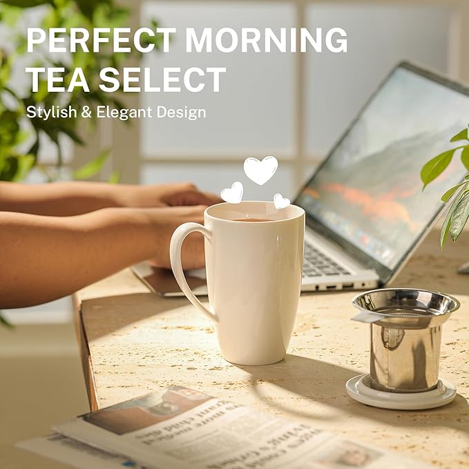Sweese 15oz Porcelain Tea Mug with Infuser and Lid – Microwave Safe, Ergonomic Handle, Lead-Free Glaze, for Loose Leaf Tea White;