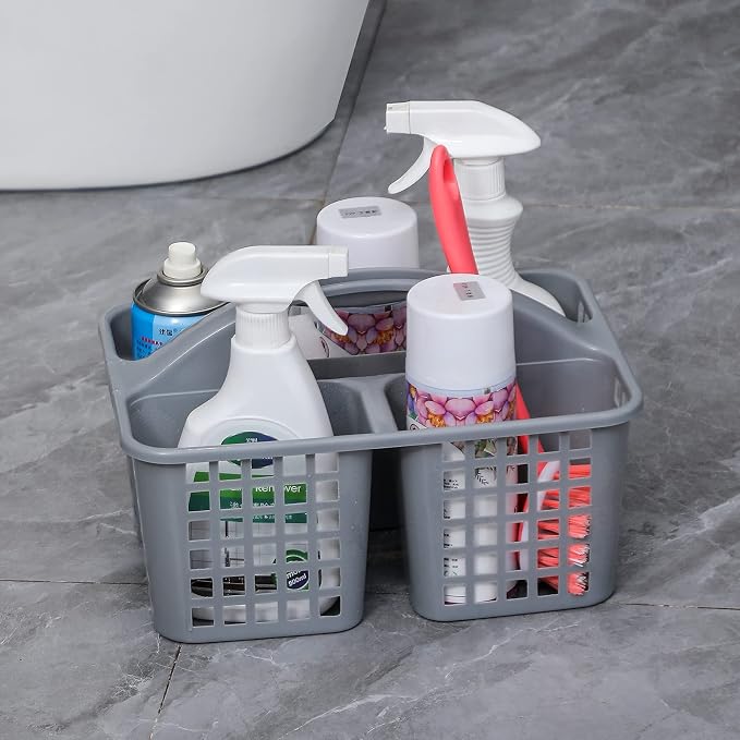 Portable Shower Caddy Basket Plastic Storage Basket with Compartments Grey | Sturdy Large Capacity Cleaning Supplies Organizer Divided Tool Bin for Bathroom Kitchen Bedroom College Dorm Essentials