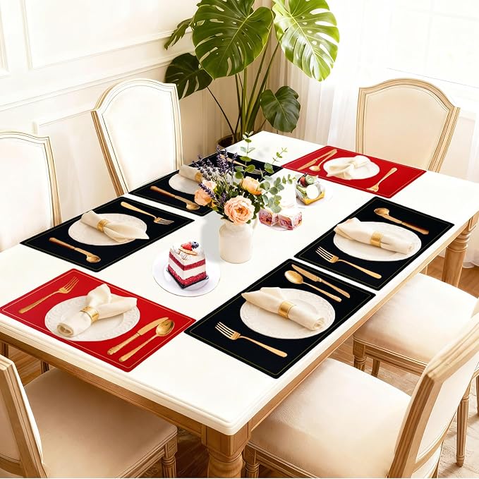 Faux Leather Placemats Set of 4, 11.8"x17.7", Black & Red | Reversible Table Mats, Waterproof, Stain & Heat Resistant, Easy Clean for Dining, Gatherings, Outdoor