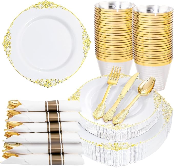 Nervure 175Pcs Gold Plastic Plates, Disposable Dinnerware Set for 25 Guests | 25 7.5" Dessert & 25 10.25" Dinner Plastic Plate, 75 Silverware, 25 Cups, 25 Napkin for Wedding & Party, BPA-free, Heavy-duty