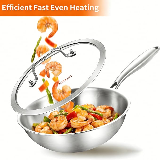 DELARLO Whole Body Tri-Ply Stainless Steel Wok 9.45 inch, Deep Kitchen Stir-Fry Pan, Small Wok Pan with Lids, Induction Mini wok, Suitable for All Stove, Up to 600℉, Detachable Handle