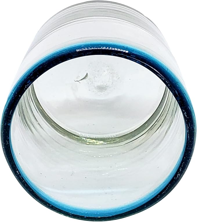 Aqua Blue Rim 10 oz Tumbler Glasses (set of 6) Mexican Handmade Glassware, Recycled Glass, Lead-free, Toxin-Free (Tumbler)