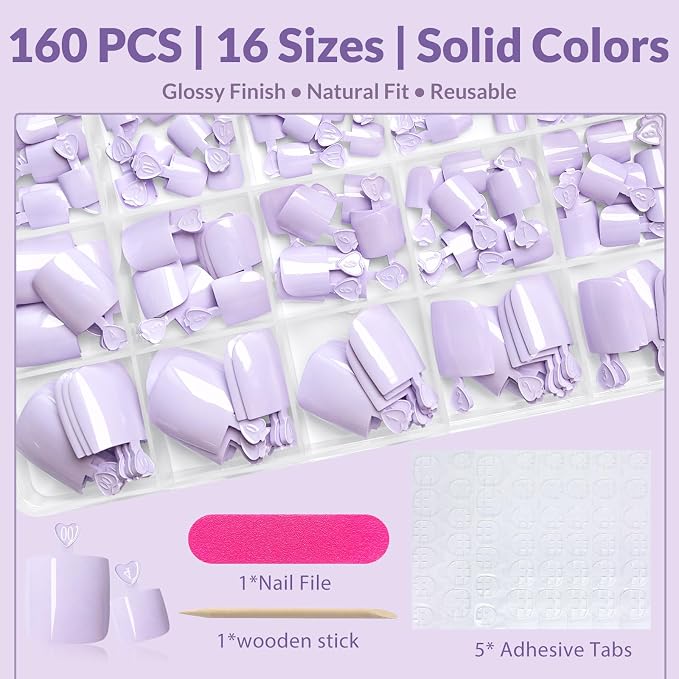AddFavor 160pcs Purple Press on Toenails for Women, Full Cover Fake Toe Nail Tips with Adhesive Tabs, Artificial Pedicure Toe Nail Press ons, Purple False Toenail Press ons