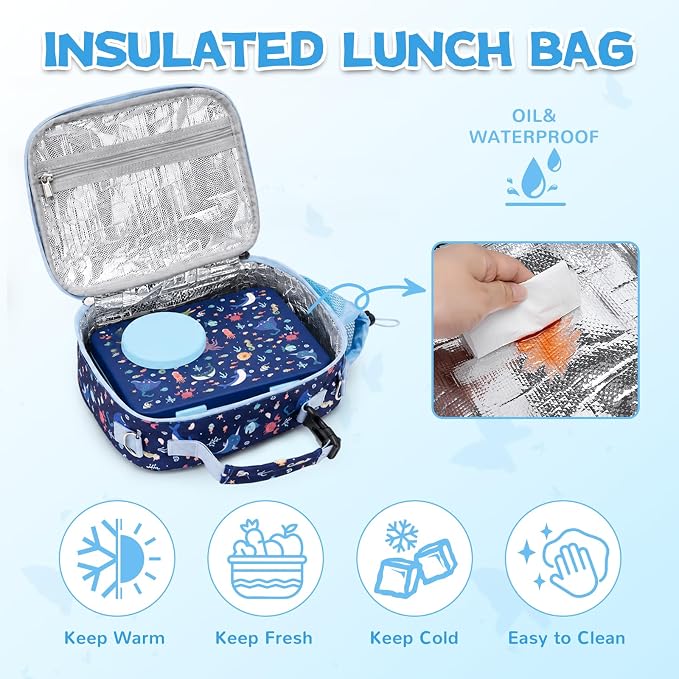 Bento Box for Kids, Leakproof Kids Lunch Box with 8.5OZ Thermo Food Jar & Lunch Bag, 3-4 Compartments Toddler Insulated Lunch Box for Girls, BPA Free Lunch Containers for School Daycare