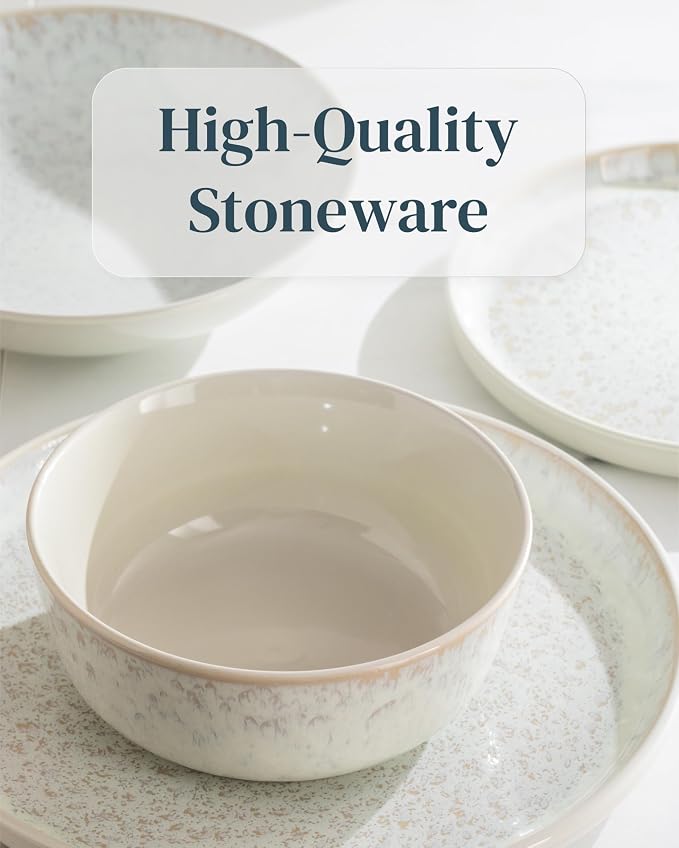 12 Piece Stoneware Dinnerware Set for 4 - Handmade Reactive Glaze Plates and Bowls Set - Chip & Scratch Resistant Dish Set - Dishwasher Microwave Safe - Light Beige