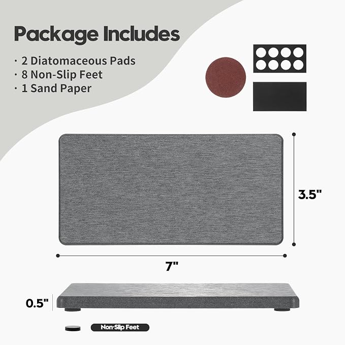 2PCS 7" x 3.5" Water Absorbing Bathroom Sink Vanity Trays, Diatomite Stone Quick Drying Mat for Kitchen Counter, Dish Rack Dispensers Sponge Holder Caddy Organizer, Dark Gray, 7"x3.5"