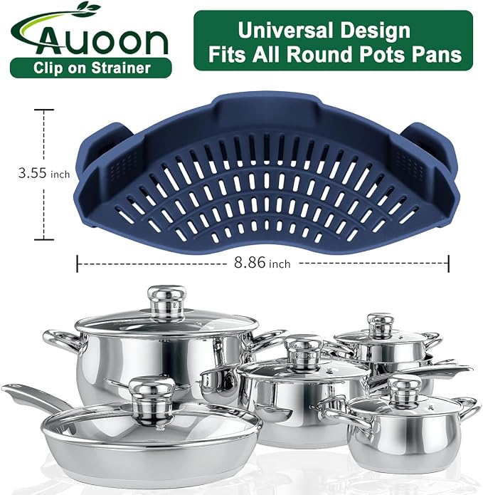 AUOON Clip On Pot Strainer Silicone, Standard 8.86 x 3.55in, Navy | BPA-free, Fits All Pots Pans Bowls, Dishwasher Safe, for Pasta Noodles Vegetable Fruits, Space-saving Kitchen Gadget