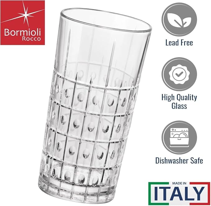 Bormioli Rocco Bartender Este 10.25 oz. Long Drink Drinking Glasses for Cold Drinks, Juices, and Cocktails, Clear, Set of 4