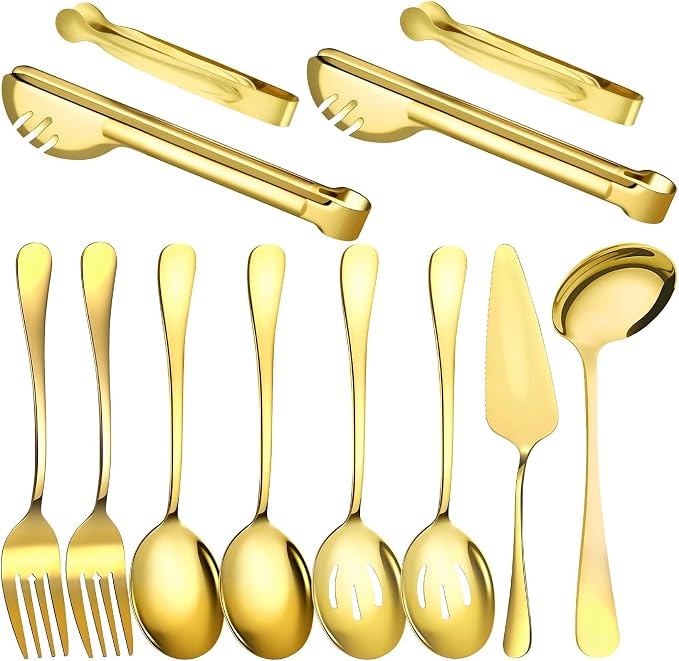 12 Pcs Gold Serving Utensils Set Include Stainless Steel Large Serving Spoons Slotted Spoons Forks Soup Ladle Pie Server - Metal Utensils for Parties Buffet Catering, Dishwasher Safe