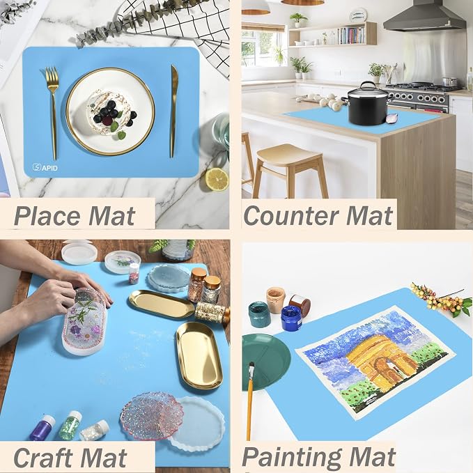 Extra Large Silicone Mat Kitchen Counter Heat Resistant Table Mat 36" x 24" | Place Mats, Countertop Protector , Thick Placemats Washable Silicone Mats for Kitchen Counter Dining Table Mat, Blue, Sapid