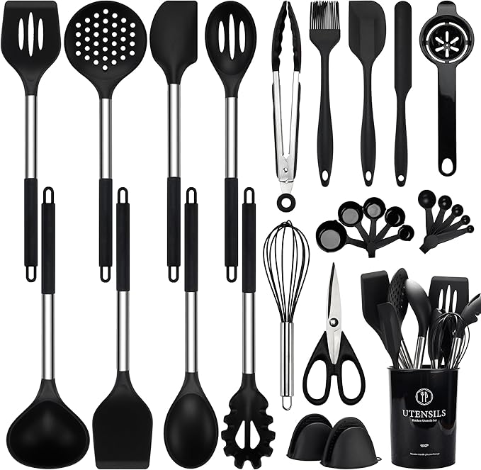 NCUE 28-Piece Silicone Kitchen Utensils Set with Stainless Steel Handles | 446°F Heat Resistant Cooking Utensils Set with Holder, BPA-free Food Grade, Nonstick Cookware Safe, Great for New Home Baking