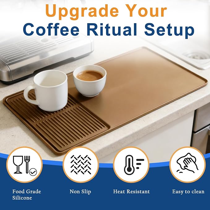 Mrcrypos Silicone Coffee Station Mat with Rasied Edges 16x24 Inch, Brown | Anti-Slip, Heat-Resistant, Spill-Proof, Bar Mat for Most Countertop & Espresso Machines, under Coffee Maker/Dish Rack