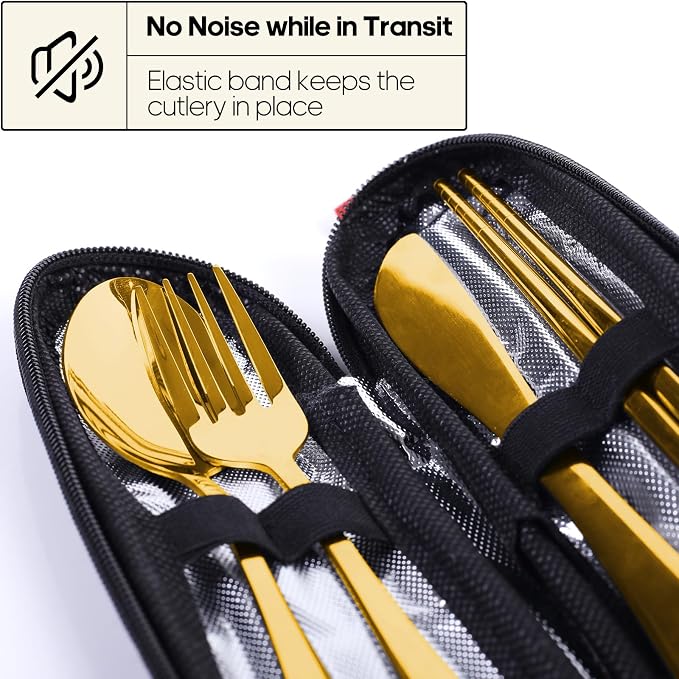 Travel Utensils with Case, Quatish Portable Silverware Set for Work, Stainless Steel Reusable Travel Cutlery, Fork and Spoon Set for Camping, Picnic, Gadgets, Lunch Box for Men, Christmas Gift, Gold