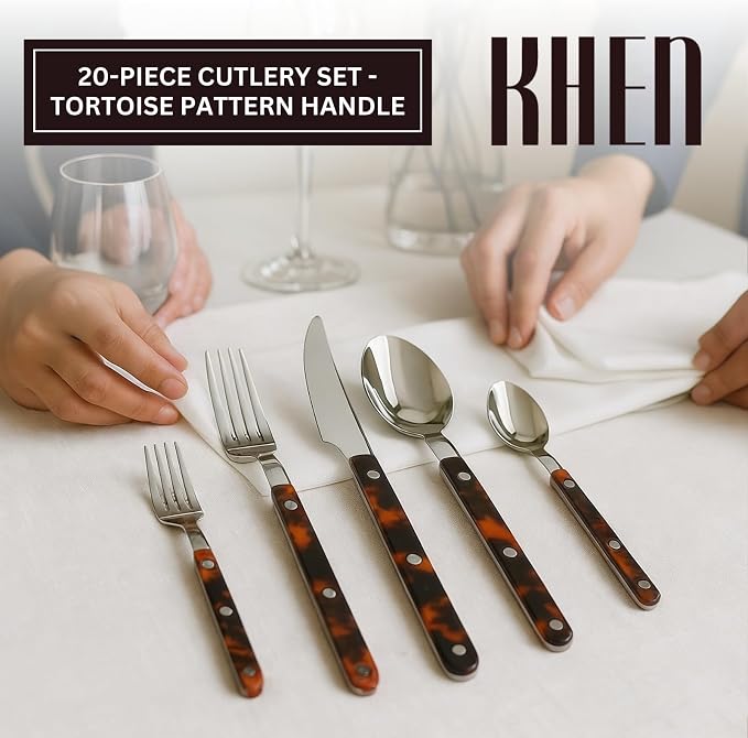 20-Piece Premium Cutlery ABS Handle, Stainless Steel Flatware Set Tortoise | Includes Forks, Knives, Spoons & Teaspoons, Complete Dining Set Perfect for Everyday Meals Dinner Parties & Special Occasions
