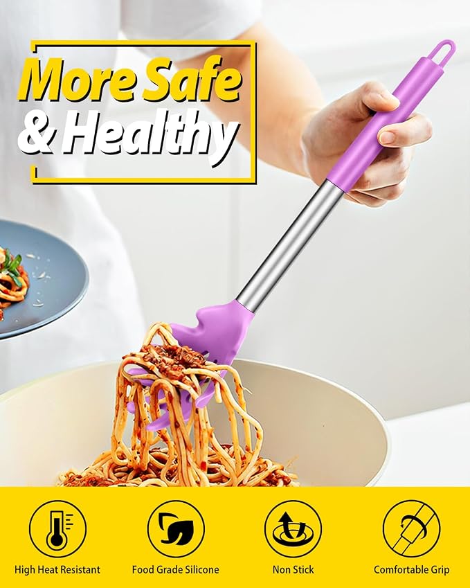 BUNDLEPRO Silicone Pasta Fork and Ladle Spoon Set, 2 Pack, Purple | Large Non Stick, High Heat Resistant Kitchen Utensils for Cooking,Stirring,Serving Spaghetti, Soup, Sauce