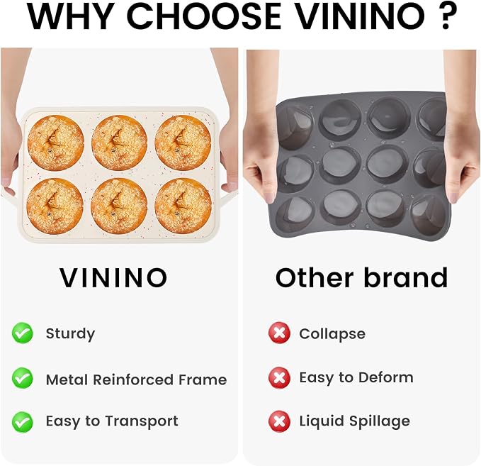 Vinino Jumbo Muffin Pan with Metal Reinforced Frame-1Pack, Large Silicone Cupcake Pan for Baking 6 Cup Jumbo Size, Silicone Muffin Tray, Cupcake Baking Pan Molds for Oven Dishwasher Safe-Cream