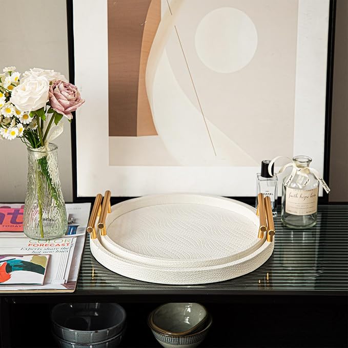 2 Piece White Round Serving Tray with Handles, Woven-Texture Faux Leather Ottoman Tray for Living Room, Decorative Tray for Coffee Table Home Decor