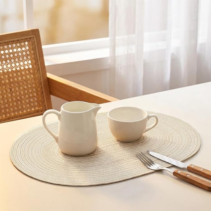 Placemats Set of 6, Woven Oval Braided Dining Table Mats(Cream White) | 12 x 17.5 Inch Size Fits Plates and Flatware; Hand Washable and Heat Resistant for Kitchen Use, with Farmhouse and Boho Style